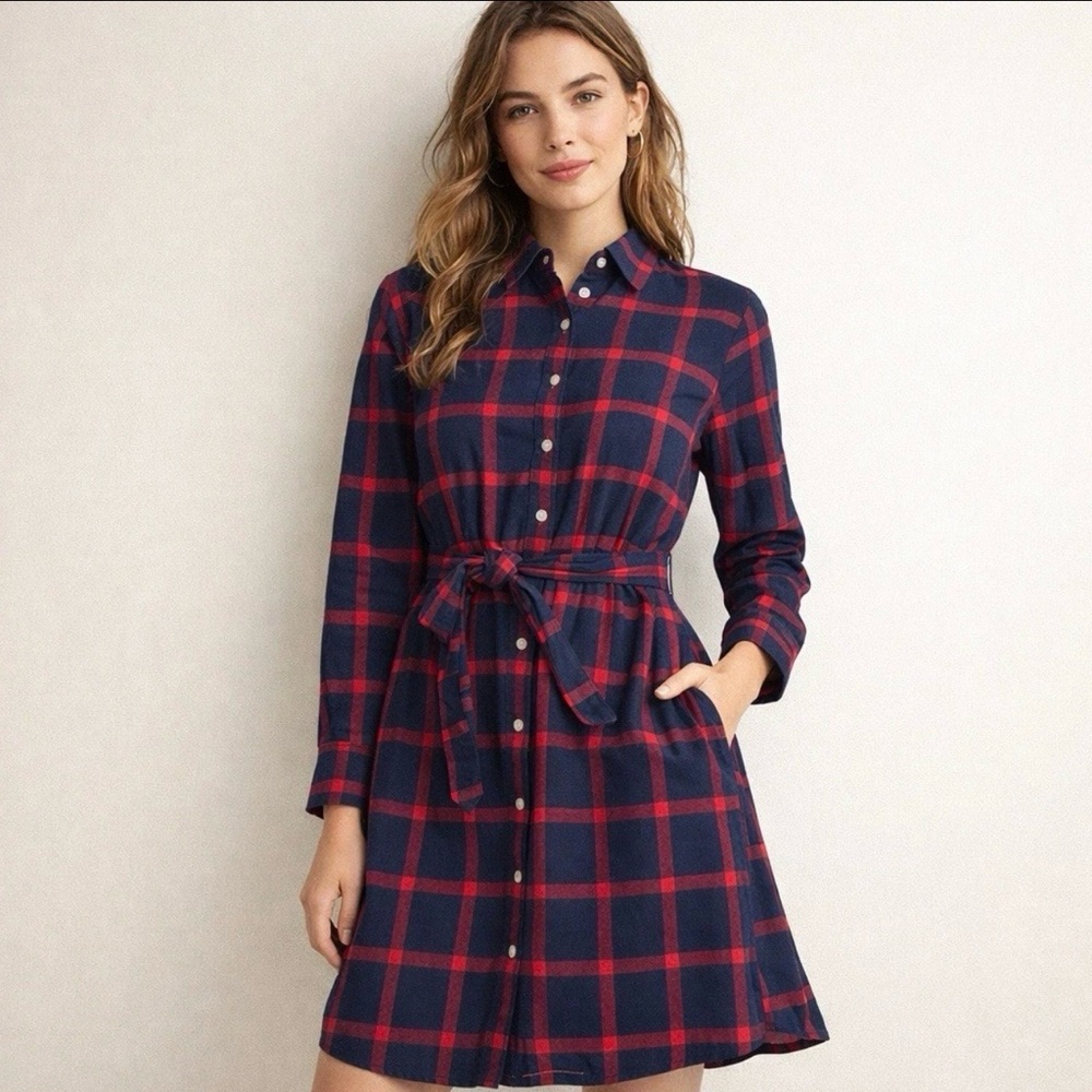 J Crew Shirt Dress Womens Size 0 Blue Red Plaid Flannel Tie Waist Cabincore